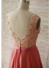 Coral Lace Chiffon Pearls Embellished Charming Prom Dress